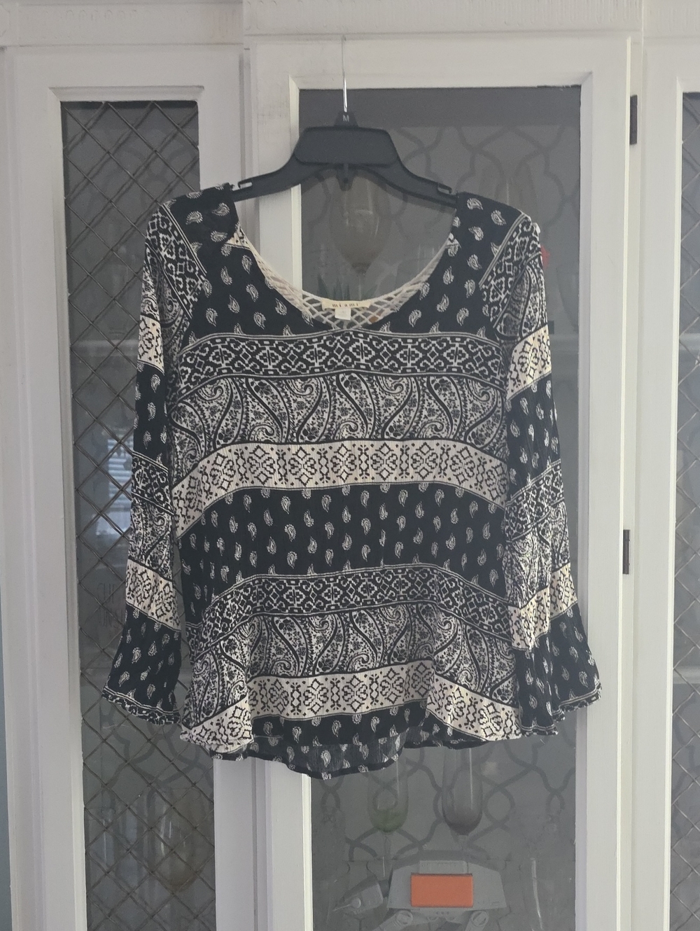 miami Black and Cream Paisley Print Boho Blouse